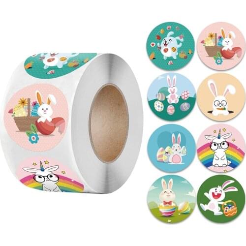 500pcs/roll Round Rabbit Bunny Happy Easter Stickers For Gift Bag Festival Party Supplies