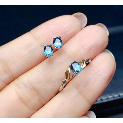 Natural Real Blue Topaz Jewelry Set 1pc Ring 2pcs Gemstone 925 Sterling Silver