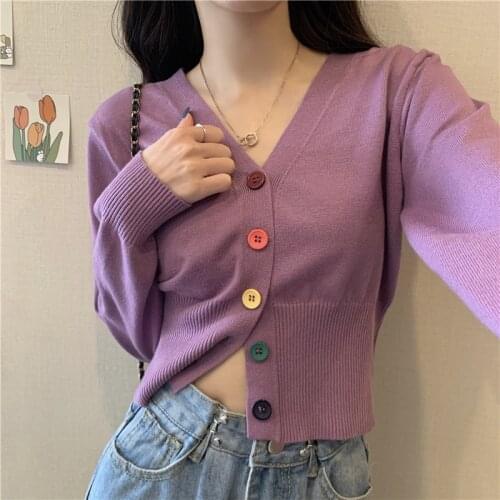 Autumn Colorful Buttons Sweater Cardigan Women V-Neck Knitted Full Sleeve Cardigans Crop Tops Single-breasted Sweater Shirts