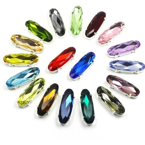 Oval 9*27mm Crystal Rhinestones K9 Glass Fancy Stone with Silver Claw Glitter Sew on Diamond Applique for Needlework Clothes