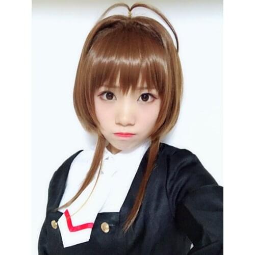 Cardcaptor Sakura Kinomoto Sakura Wigs Brown Clear Card Wigs Heat Resistant Synthetic Hair Perucas Cosplay Wig + Wig Cap