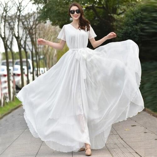 Simple chic women hippie White Flowy Chiffon Bohemian dress ladies short sleeve Boho maxi dresses vestidos