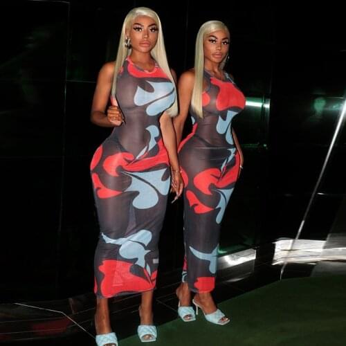 CHRONSTYLE Sexy Mesh Sheer Bodycon Dress Off Shoulder Dress 2021 Women See Through Outfits Print Long Maxi Dress Summer Vestidos