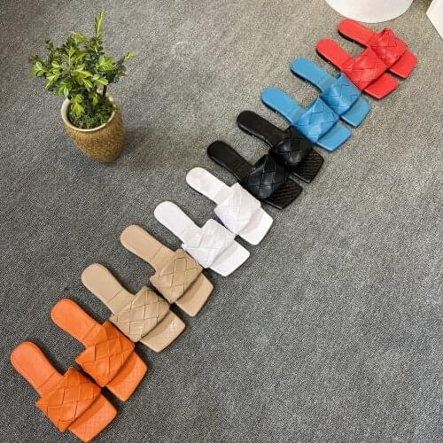 Summer Weave Leather Women Slip On Slides Slippers Square Toe Ladies Flat Shoe Open Toe Outdoor Casual Beach Shoes Large Size 43