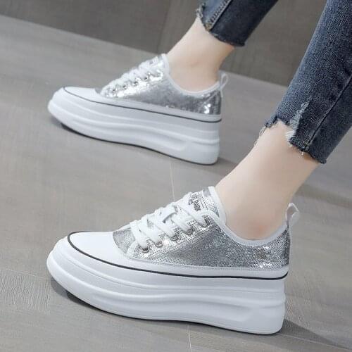 Inner height small white shoes women 2021 new autumn sequin thin breathable casual muffin shoes thick sole shoes