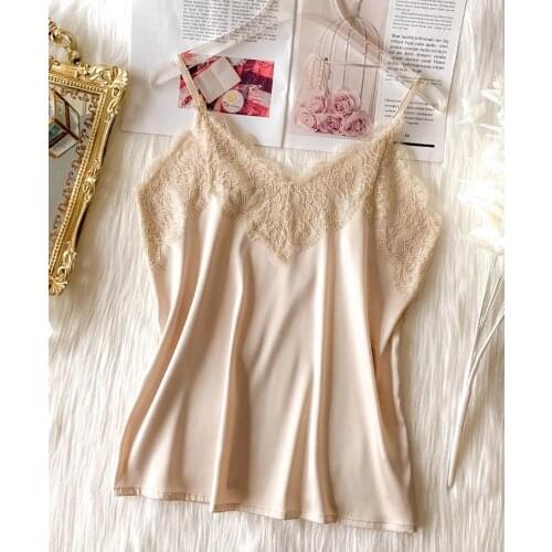 2021 Crop Tops Women Silk Tank Top Blouse Fashion French Style Deep V Lace Sexy Short Shirt Lingerie Soft For Women Tops cropped