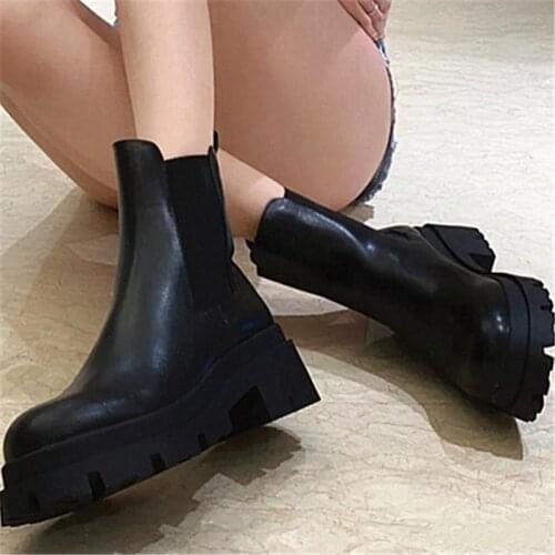 Meotina Women PU Leather Chelsea Boots Platform Thick High Heel Ankle Boots Round Toe Ladies Boots Autumn Winter Black 35-40