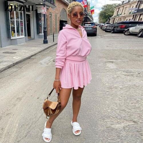 Preppy Styie School Student Two Piece Dress Set Women Zipper Front Long Sleeve Sport Pullover and Pleated Mini Skirt Sweet