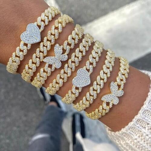 2021 Summer Fashion women Hip hop Cuban Miami Link Chain Bracelets with Rhinestone cz Paved heart charm Bracelets Rock Jewelry