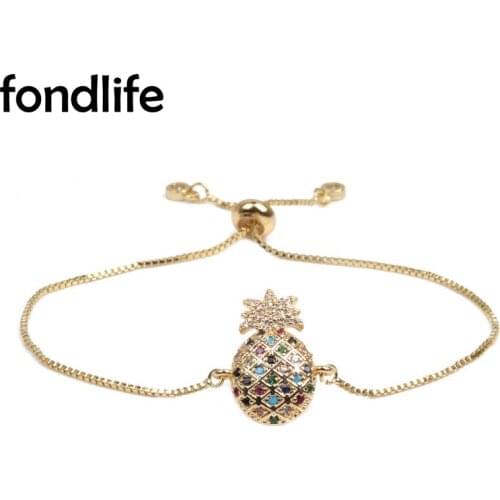 AAA Multicolor Cubic Zirconia Crystal Brass Pineapple Charm Bracelet Women Gold-plated Copper Chain Adjustable Chic Jewelry Gift