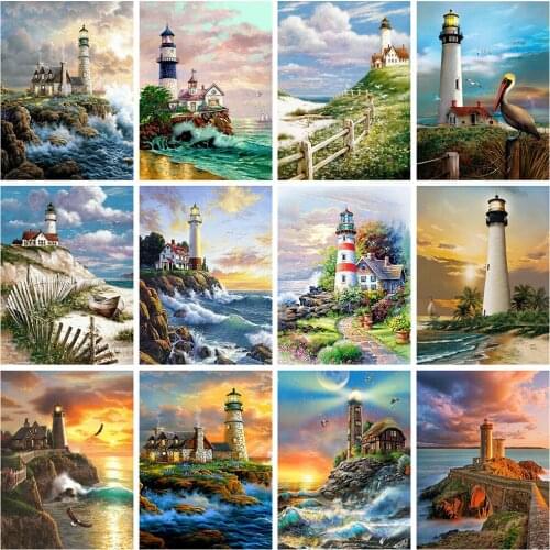 5D Square/Round Diamond Embroidery Lighthouse Scenery Diamond Painting Kit Cross Stitch Seaside Rhinestone Pictures Crafts Art