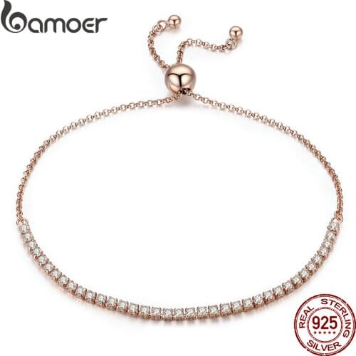 BAMOER Valentine Day Gift 925 Sterling Silver Dazzling Gold Strand Bracelet Tennis Bracelet Women Sterling Silver Jewelry SCB046