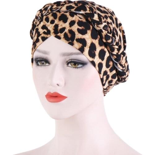 Bohemia Printed leopard cotton turban cap braid muslim head turbans for women pearls headscarf bonnet islamic inner hijabs caps