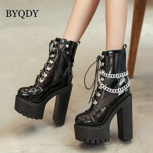BYQDY Gothic Chunky High Heels Woman Short Boots Round Head Lace-up Booties Two Pieces Metal Chains Ladies Ankle Boots 34-40