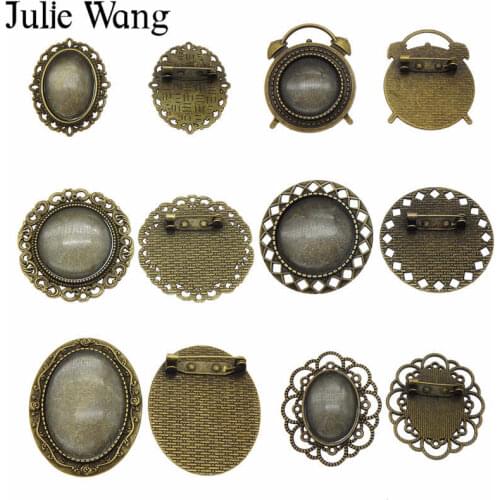 Julie Wang Retro Metal Brooch Pins Alloy Antique Bronze Brooch Blank Setting Base With Glass Cabochon for DIY Jewelry Making