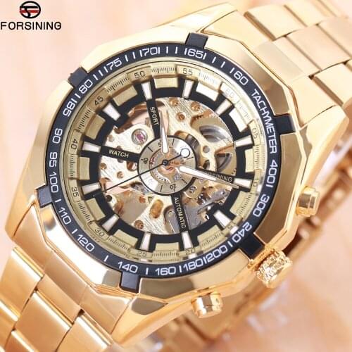 2021New Forsining Gold Stainless Steel Waterproof Mens Skeleton Watches Top Brand Luxury Transparent Mechanical Male Wrist Watch