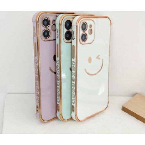 Cute Cartoon Plating Bumper Phone Case For iPhone 11 12 Pro Max X XR XS 12 Mini 7 8 Plus SE2 Smile Face Pattern Protection Cover