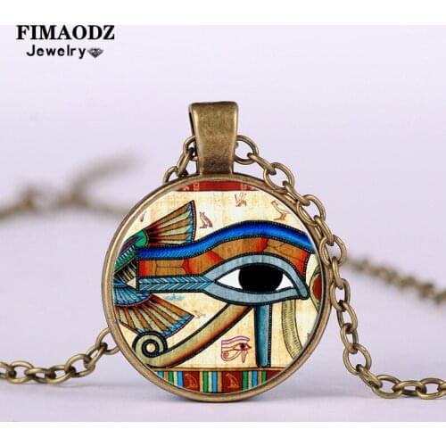 FIMAODZ Eye Of Horus Necklace Egyptian Gods Power Eyes Vintage Photo Glass Crystal Pendant Chain Amulet Jewelry