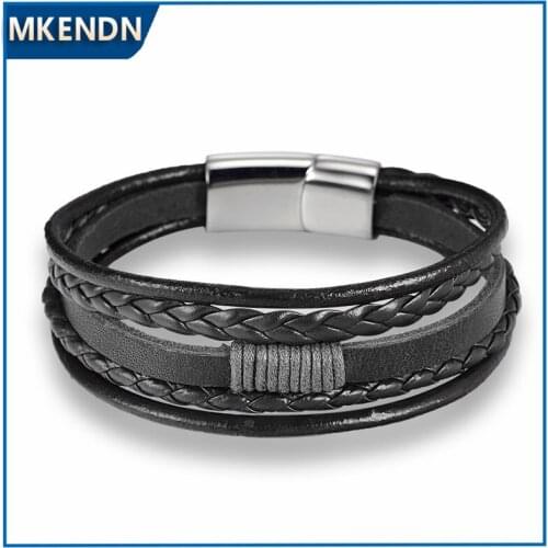 MKENDN Men Jewelry Pulsera Handmade Multilayer Black Cowhide Leather Wrap Bracelets Stainless Steel Charm Bracelet
