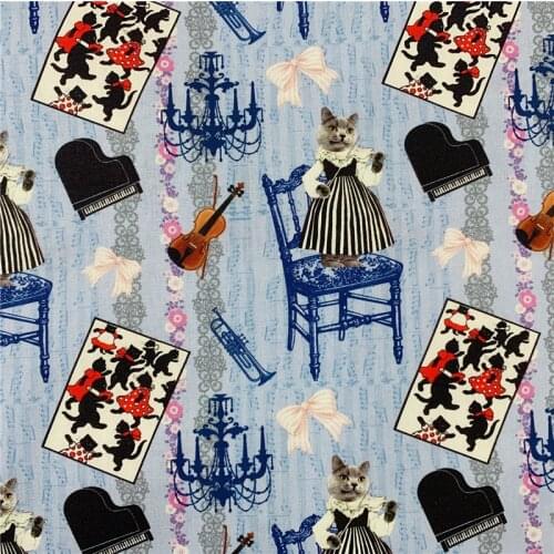 Music cat Musical Instrument Guitar 100% Cotton Fabric for Girl Clothes Hometextile Cushion Cover Curtain DIY 110cm Width