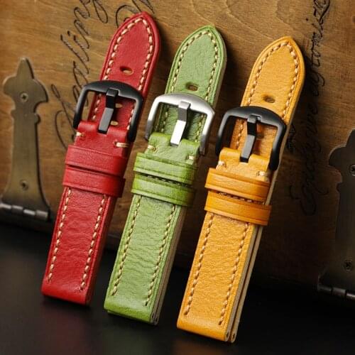 PSTARY 20MM 22MM Color Genuine Leather Strap Red Green Yellow Trimmed Folded Leather Strap Mens Watch Strap Silver Black Buckle
