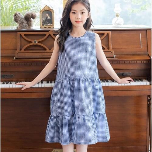5 To 19 Years New 2021 Summer Princess Cotton Clothes Kids Dress Girls Clothing Mid Long Children Dresses Holiday Blue Sundress