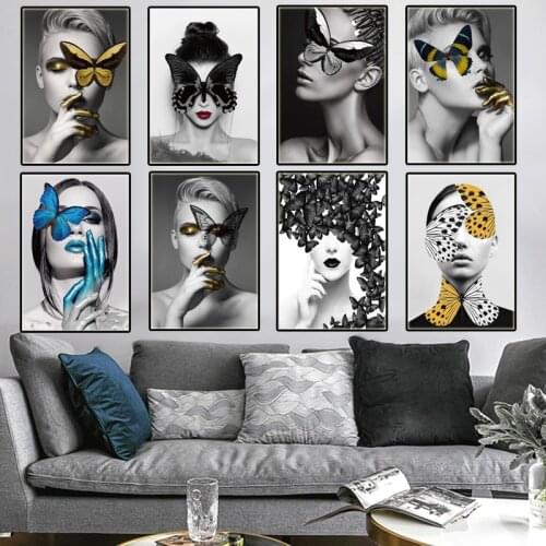 Modern Minimalist Canvas Painting Black and White Beauty Women Poster Abstract Character Butterfly Wall Art Picture Home Decor