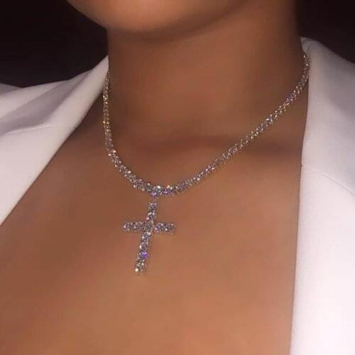 Hiphop Iced out bling women jewelry bing 5MM cz cubic zirconia high quality cross charm pendant cz tennis chain choker necklace