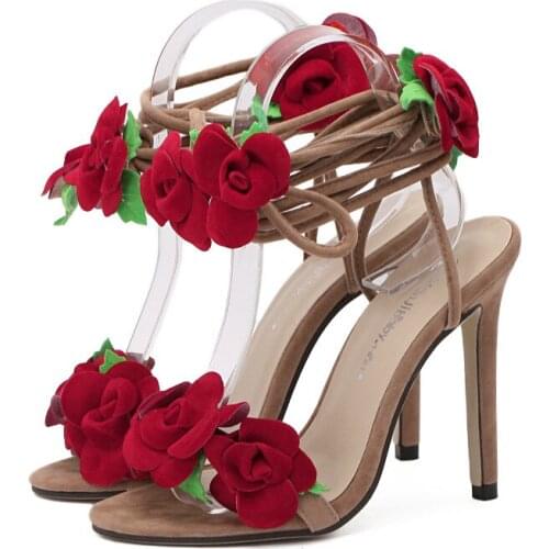 Red Flower Women Shoes Lace Up Summer High Heels Shoes Wedding Party Women Pumps Zapatos Mujer