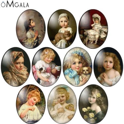Vintage Baby Girls Oil paintings 10pcs mixed 13x18mm/18x25mm/30x40mm Oval photo glass cabochon demo flat back Making findings