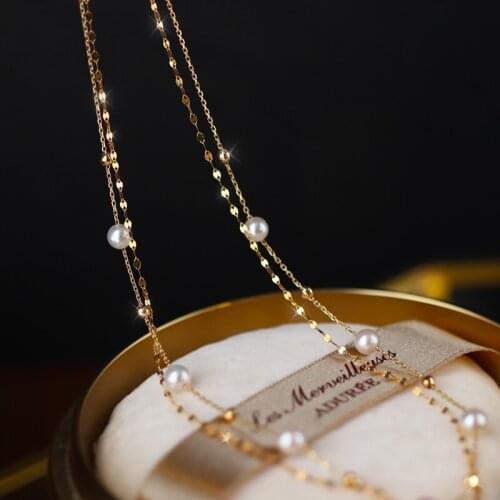 18K Solid Yellow Gold Jewelry(AU750) Women Lace necklace Double gypsophila choker chain Natural seawater pearl Fashion Lady