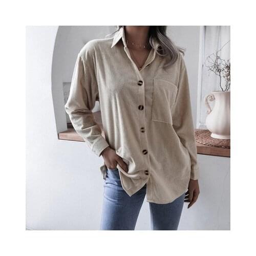 Women Casual Pockets Corduroy Blouse Long Sleeve Turn Down Collar Solid Office Ladies Loose Shirt 2021 Winter Fashion Women Tops