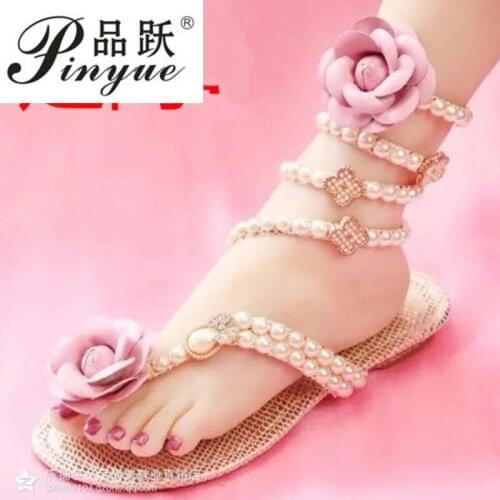 Woman Sandals Women Shoes Rhinestones Chains Thong Gladiator Flat Sandals Crystal Chaussure Pearl and diamond flats