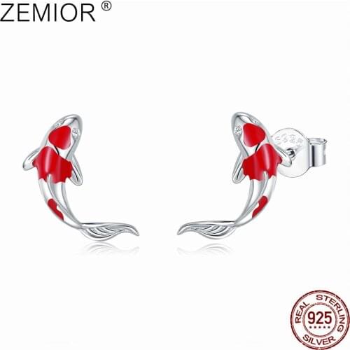 ZEMIOR Fish Stud Earrings For Women Genuine Sterling Silver 925 Red Enamel Jewelry Cute Lucky Koi Clear Cubic Zirconia Earring