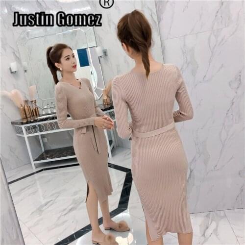 Autumn Winter Bottoming Clothes Ladies Bodycon Tight Split Side Womens Sweater With Belt Fashion Trend Women 2021