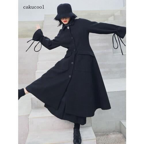 Cakucool Hepburn style fishtail skirt woolen coat women dark retro waist thickened mid-length windbreaker coat
