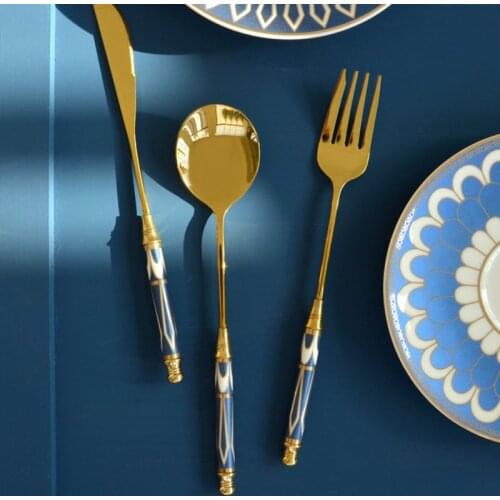 Gold Dinnerware Set Ceramic Handle Stainless Steel Silverware Flatware Knife Fork Spoon Cutlery Home Kitchen Utensils 3Pcs/set
