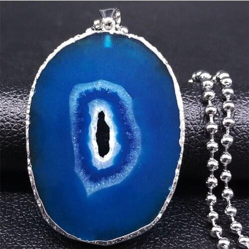 2021 Stainless Steel Blue Natural Stone Necklaces Silver Color Big Pendant Necklace Jewelry cadenas de acero inoxidab N5001S04