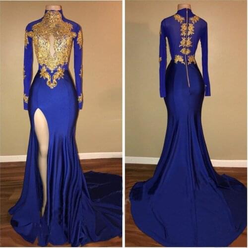2020 Prom Dresses Gold Lace African Formal dress Evening Gowns Mermaid Split Side High Collar Long Sleeves Party Dress