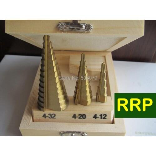 3Pcs/set Tincoated HSS6542(M2) Steel Large Cone Drill Bit Set to cut 4-12/20/32mm stainless steel, steel and Aluminium