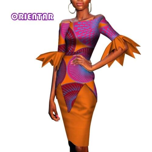 African Dresses for Women Fashion Slash Neck Flare Sleeve African Wax Print Cotton Midi Dress Lady Slim Waist Party Dress WY3562