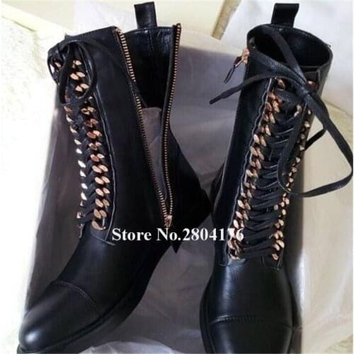 Brand Design Round Toe Gold Silver Chains Flat Short Boots Black Leather Lace-up Ankle Booties Autumn Winter Flat Boots