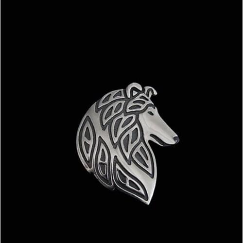 Rough Collie head profile brooch - plate silver with dark grey oxidizing free ship