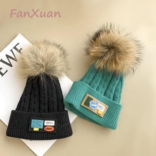 Childrens Hats In Winter Knitted Beanies for Kids Boys Hats for Girls Bonnets for Child Rabbit Fur Pompom Beanies Solid Unisex