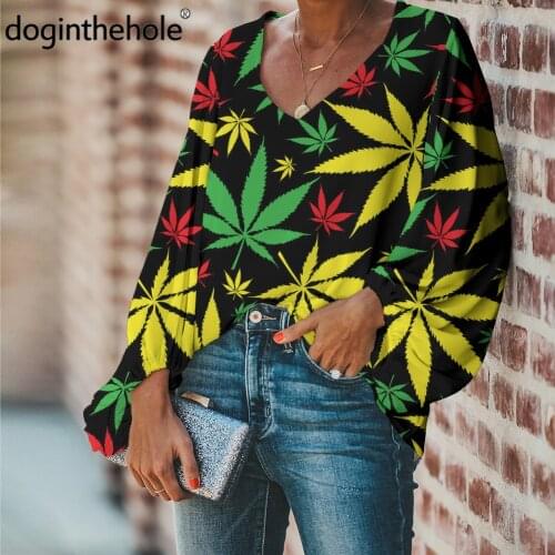 Doginthehole Fashion Weeds Leaf Print Women Sexy V-neck Blouse Maple Design Loose Tops Ladies Large Size Jamaica Clothing mujer