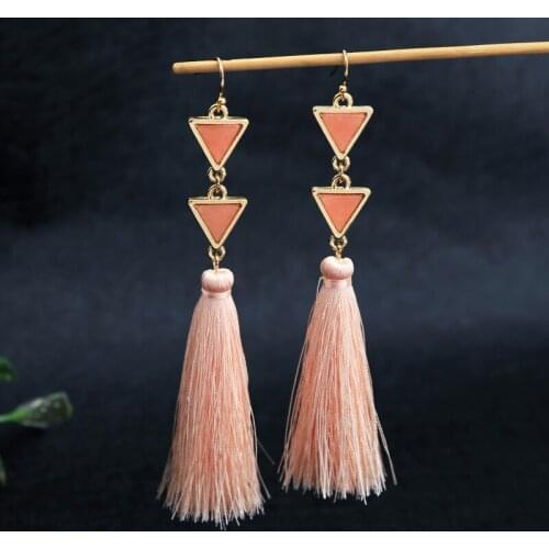 Geometric Triangle Natural Stone Long Earrings Pink Handmade Fringe Tassel Earrings Women Bohemian Jewelry Accessories