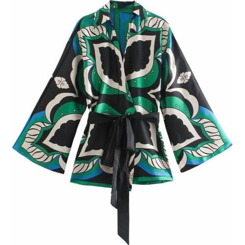 Uefezo Women Vintage Contrast Color Leaves Print Kimono Smock Blouse Female Chic Bow Sashes Cardigans Shirts Blusas Tops