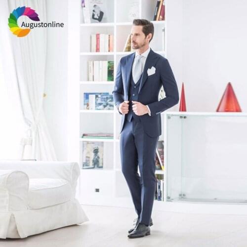 Tailored Navy Blue Men Suit for Wedding Groom Blazer Masculino Wide Peaked Lapel Retro Slim Fit Costume Homme Terno Masculino