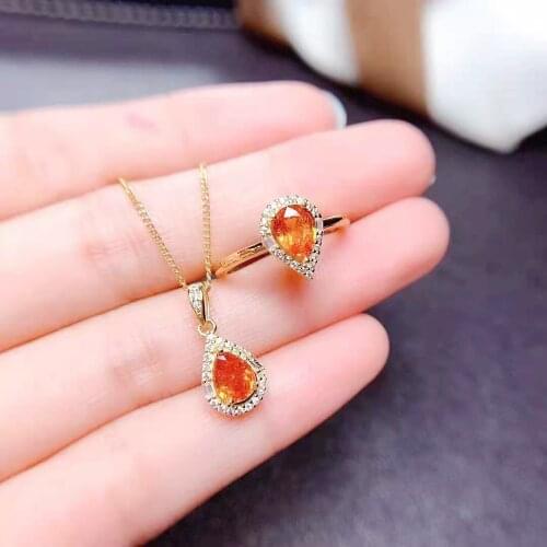 Natural Fanta Garnet Real S925 Sterling Silver Ring Pendant Necklace Set Fine Fashion Weddings Jewelry For Women MeiBaPJFS
