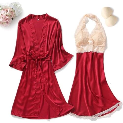 2PCS Nighty&Robe Suit Sleepwear Satin Lady Kimono Bathrobe Gown Nightwear Casual Sleep Set Loose Nightdress Home Clothes